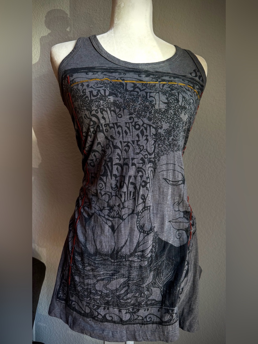 Sure Vintage Buddha Graphic Tank Top Gray Boho Festival 100% Cotton S - Picture 2 of 7